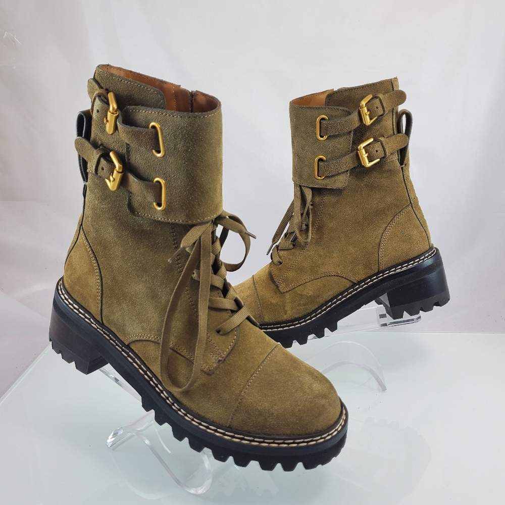 NWT$525 See by Chloe Mallory Leather Buckle Strap Ankle Combat Boots Sz 37.5 - Picture 7 of 12
